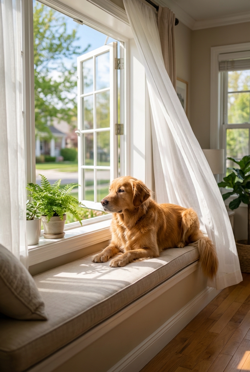 A medium-sized dog lying near a bright window with fresh air coming in