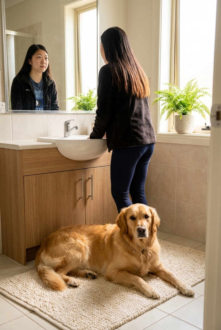 A medium-sized dog lying on a bathroom rug while a person stands at a sink