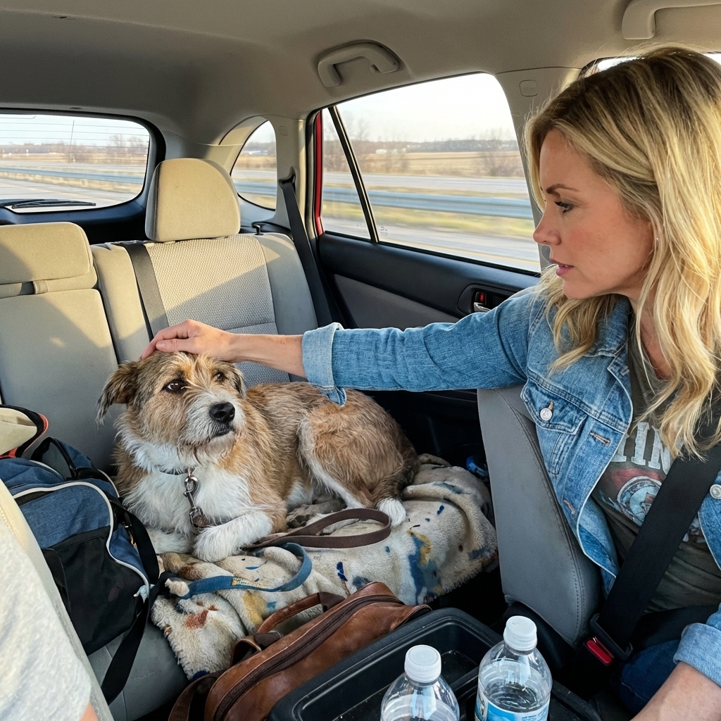 A medium-sized dog lying on a blanket in the back seat of a car while a person reaches back to comfort them, realistic urgent travel photo
