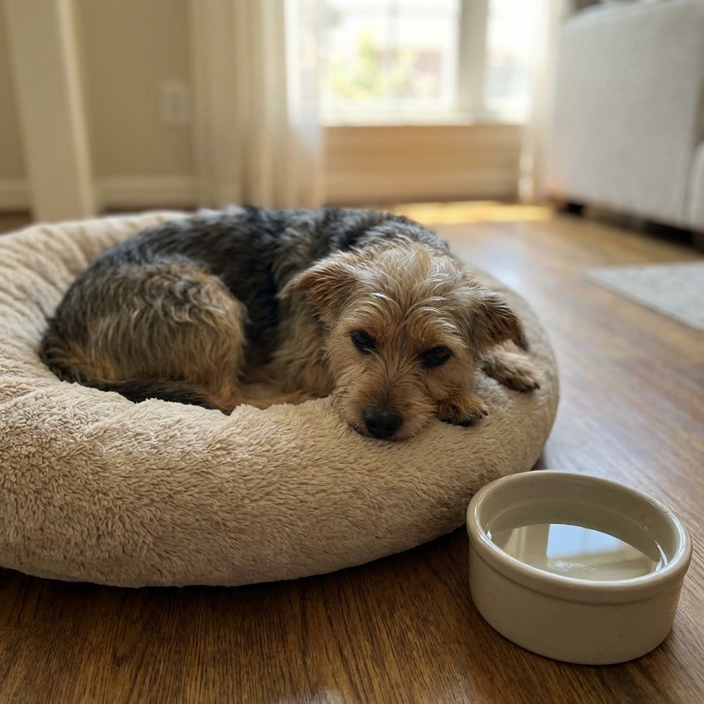 A medium-sized dog lying on a dog bed looking tired while a water bowl sits nearby