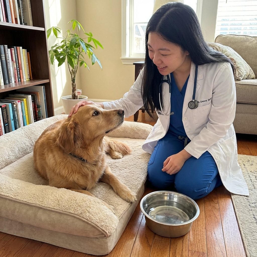 A medium-sized dog lying on a dog bed with a water bowl nearby while a pet owner gently checks on them