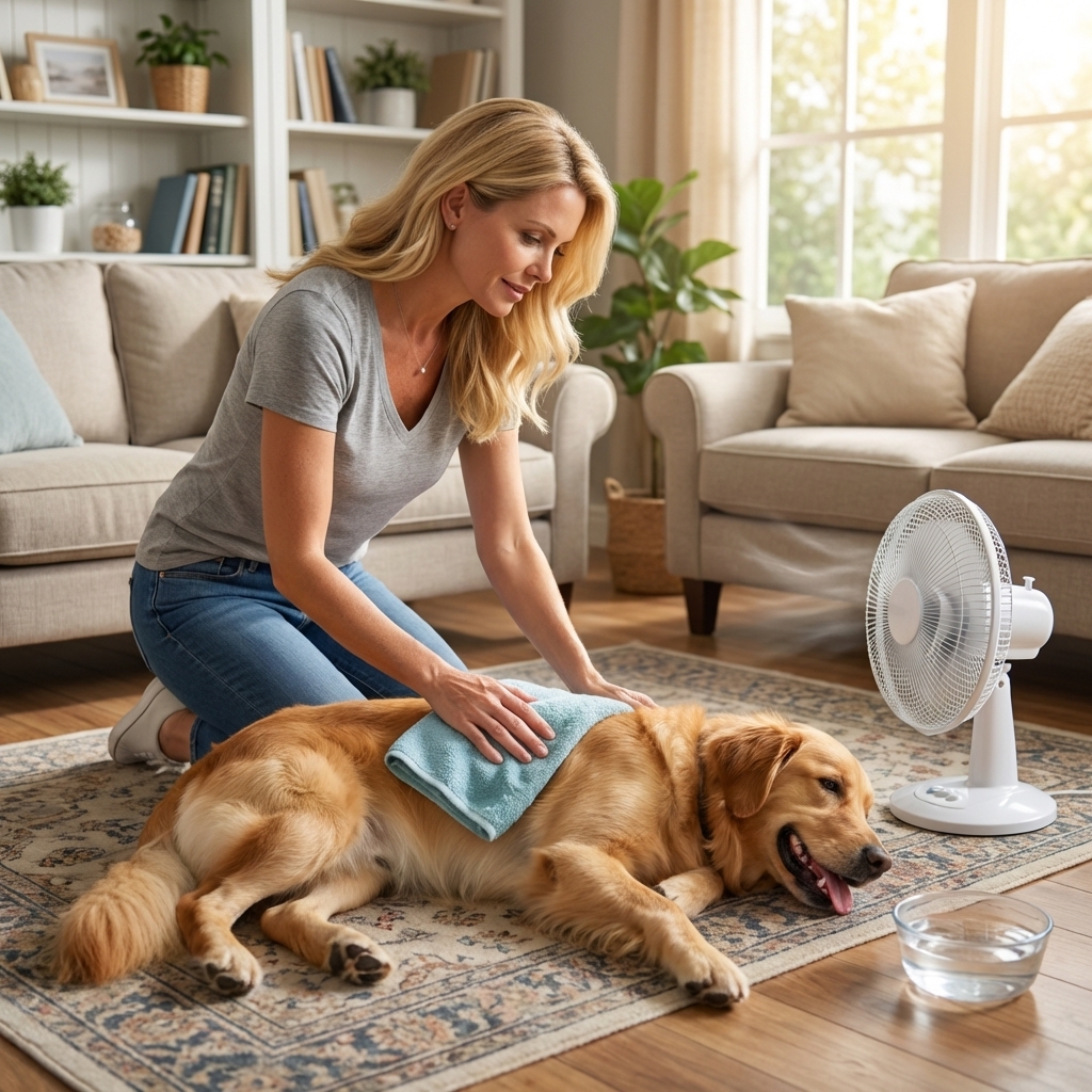 A medium-sized dog lying on a living room floor while an owner gently places a cool damp towel on the dog's belly and uses a nearby fan, realistic photo