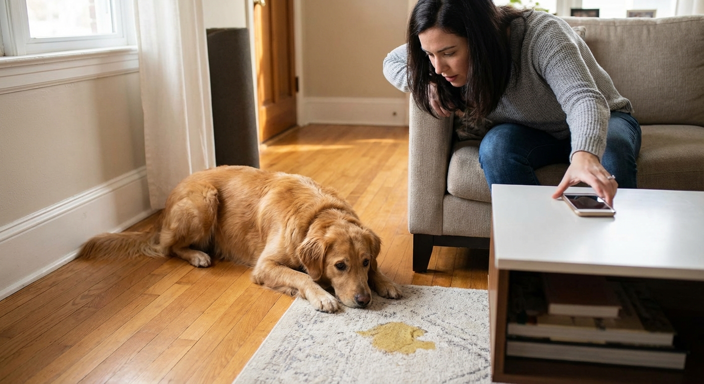 A medium-sized dog lying on a living room floor with a small puddle of vomit nearby while an owner reaches for a phone