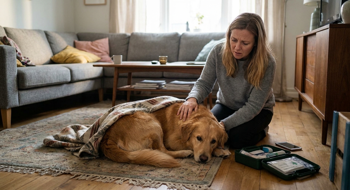 A medium-sized dog lying on its side on a living room floor while a concerned owner kneels nearby, realistic pet health scenario