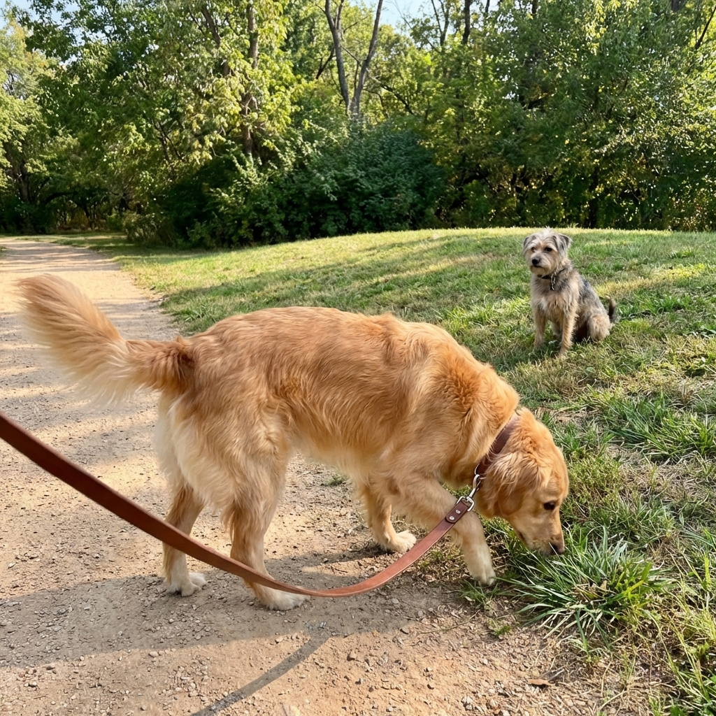 A medium-sized dog on a leash outdoors while another dog looks on from a distance