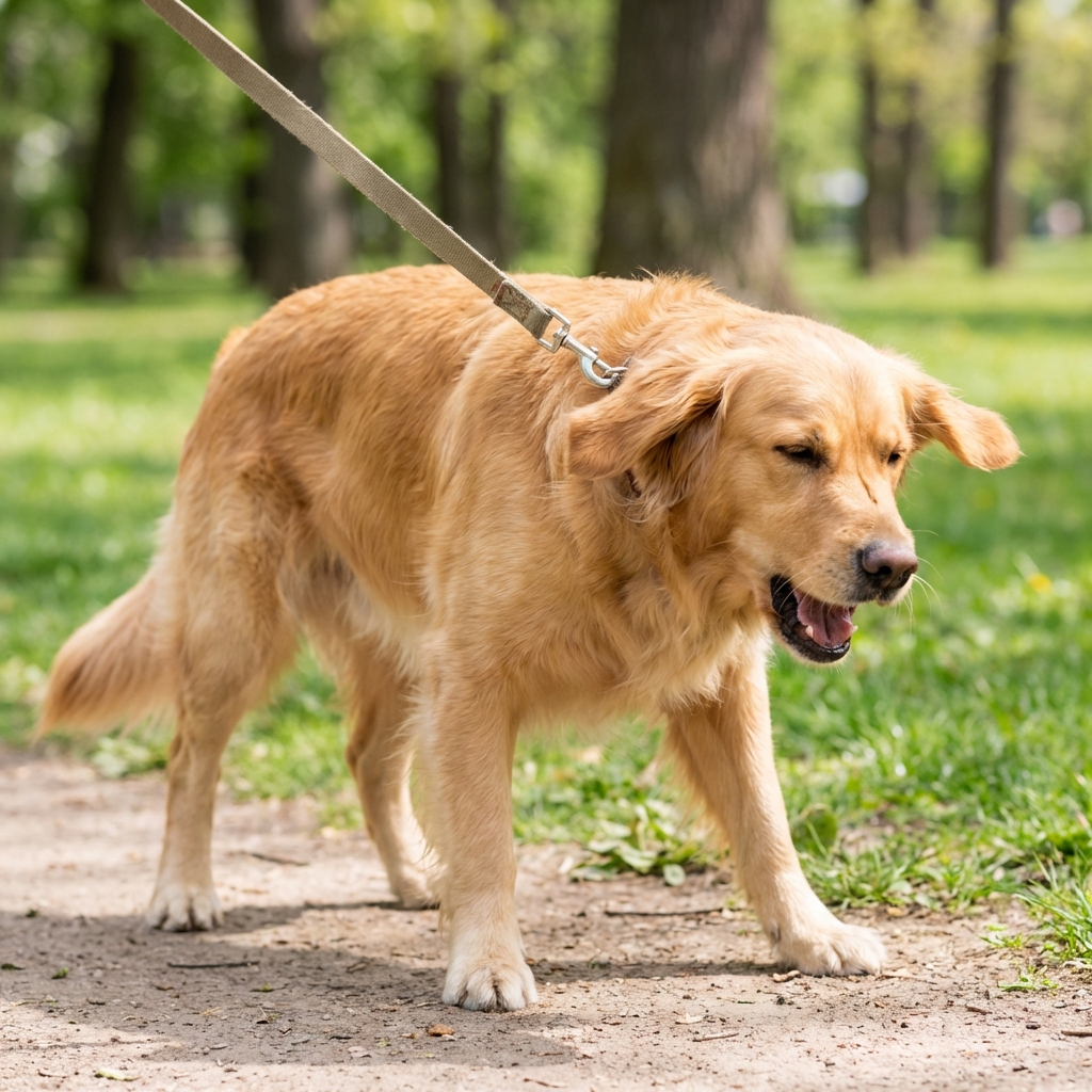 A medium-sized dog on a leash outdoors with its mouth slightly open as if about to cough