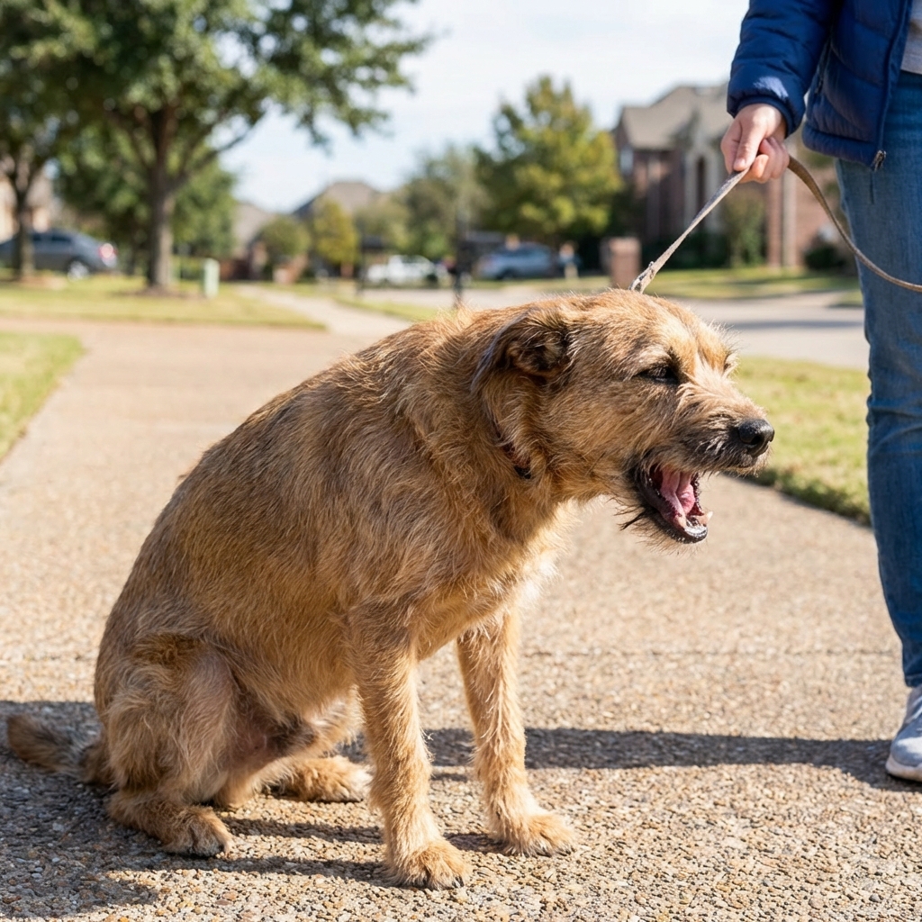 A medium-sized dog on a leash outdoors with its mouth open mid-cough while a person holds the leash