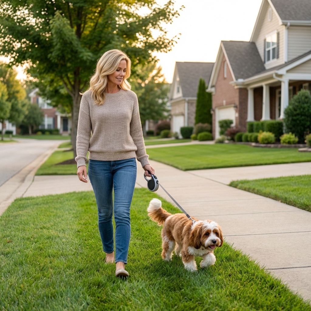 A medium-sized dog on a leash walking on grass during a quiet neighborhood walk
