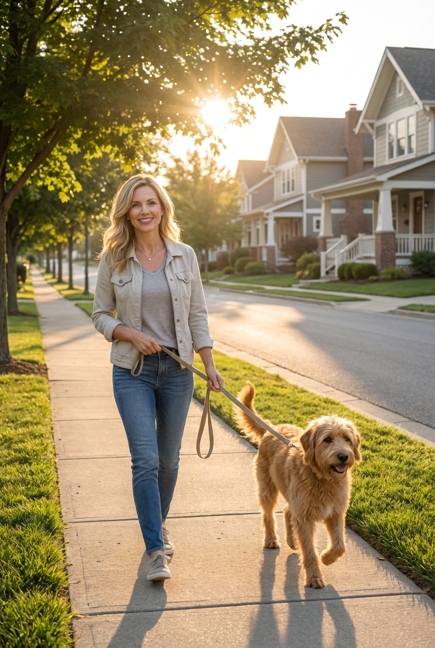 A medium-sized dog on a relaxed leash walk in a quiet neighborhood at sunrise