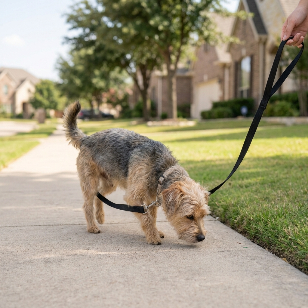 A medium-sized dog on a short leash walking slowly on a quiet neighborhood sidewalk