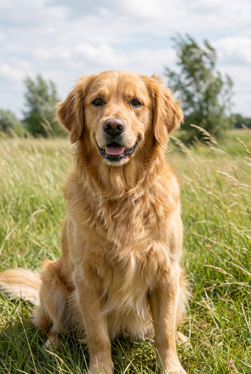 A medium-sized dog outdoors on a breezy day with mild watery eyes and a relaxed expression