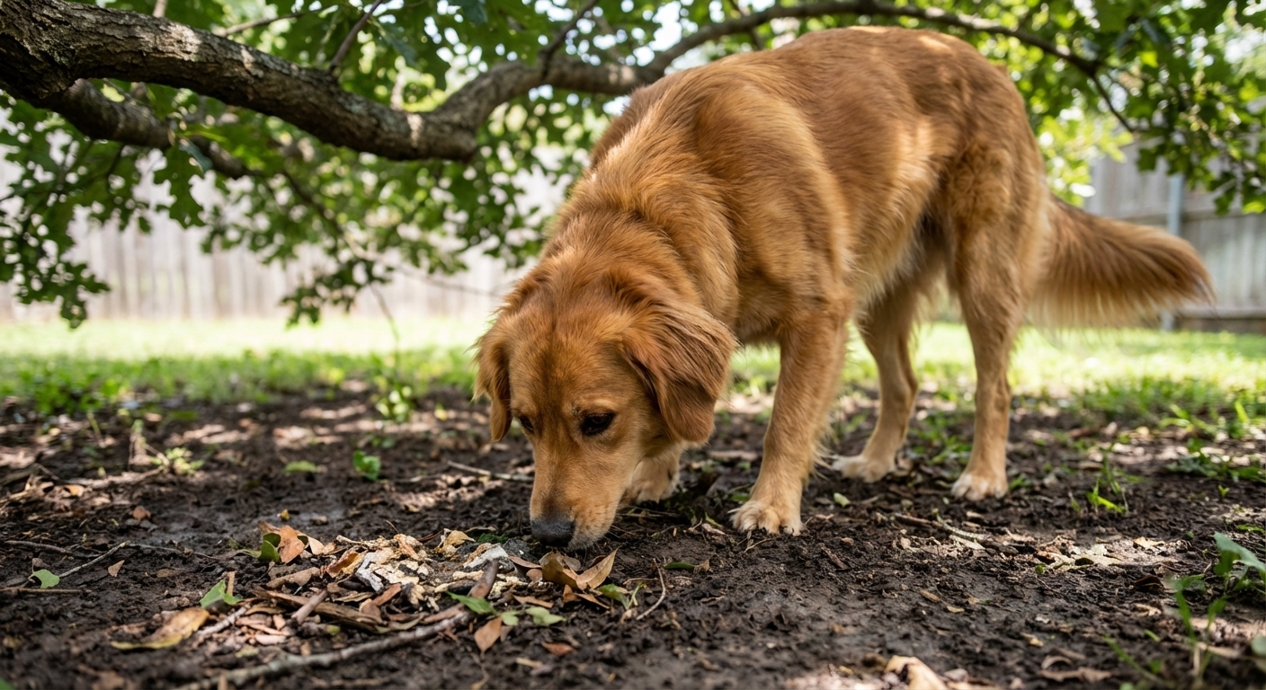 A medium-sized dog outdoors sniffing at damp soil near a patch of old bird droppings under a backyard tree, natural light, realistic photo