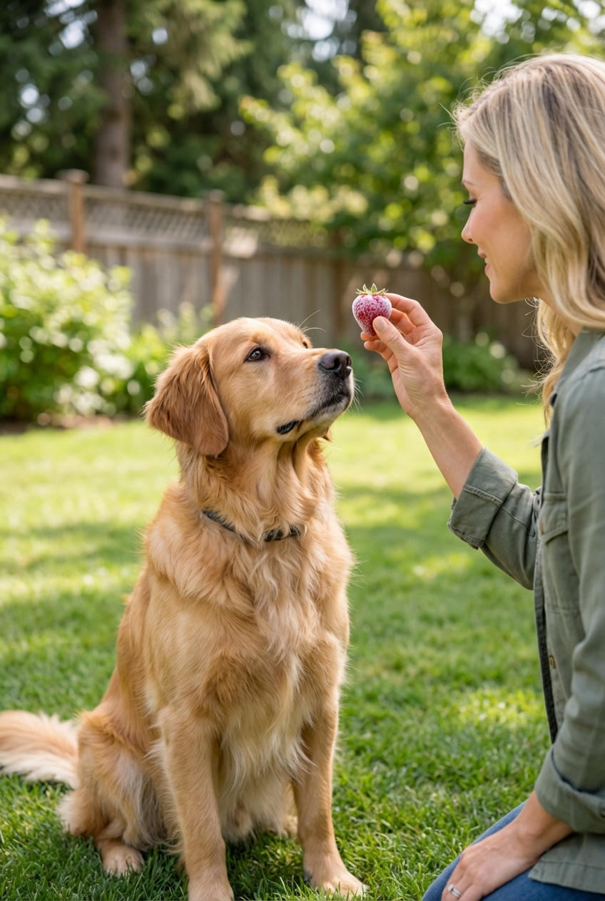 A medium-sized dog outdoors waiting while a person holds a small frozen strawberry