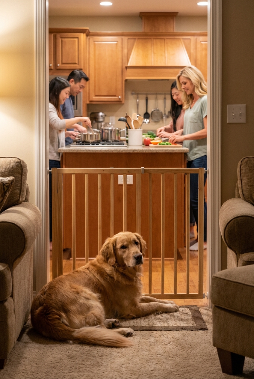 A medium-sized dog relaxing behind a baby gate in a cozy room while a family cooks in the kitchen