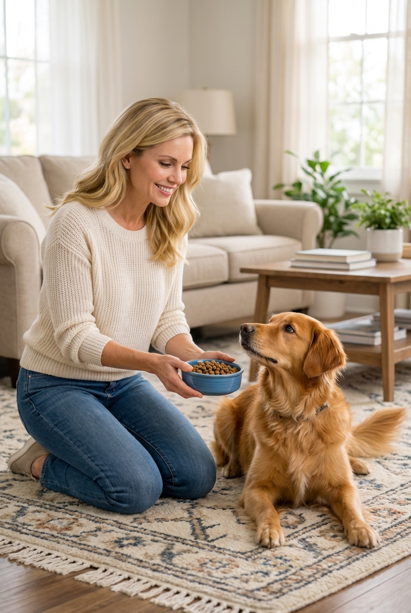 A medium-sized dog resting comfortably on a living room rug while a pet parent offers a small bowl of food