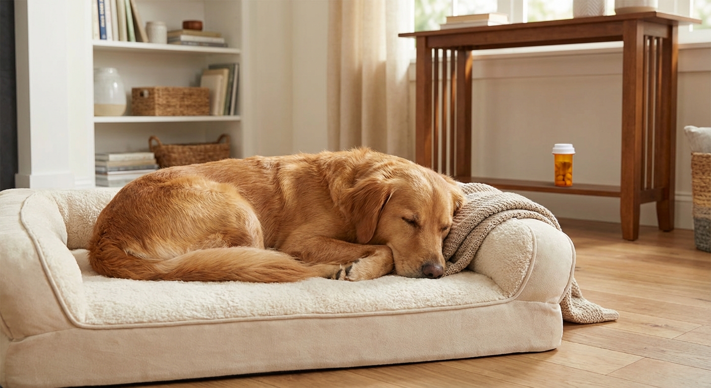 A medium-sized dog resting comfortably on a soft bed at home with a pill bottle placed safely out of reach on a nearby table
