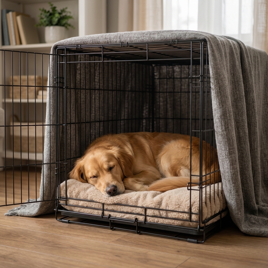 A medium-sized dog resting in a covered crate with a blanket in a quiet room