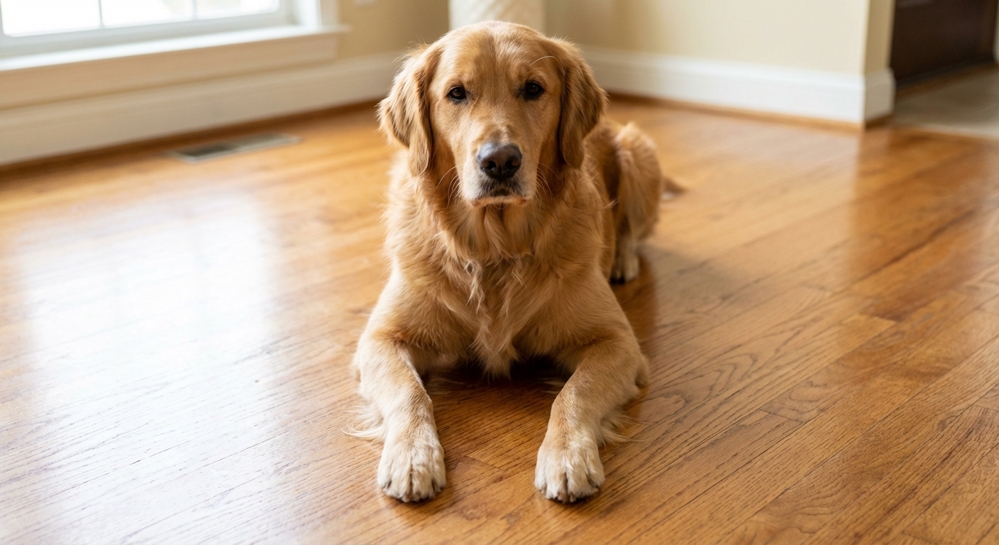 A medium-sized dog resting in a sphinx position with front paws forward on a hardwood floor