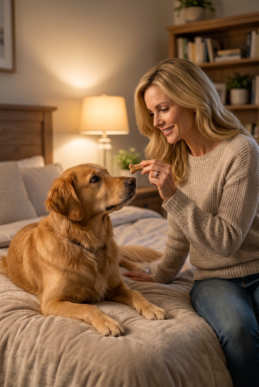 A medium-sized dog resting on a bed while a person gently holds a treat nearby in a softly lit room