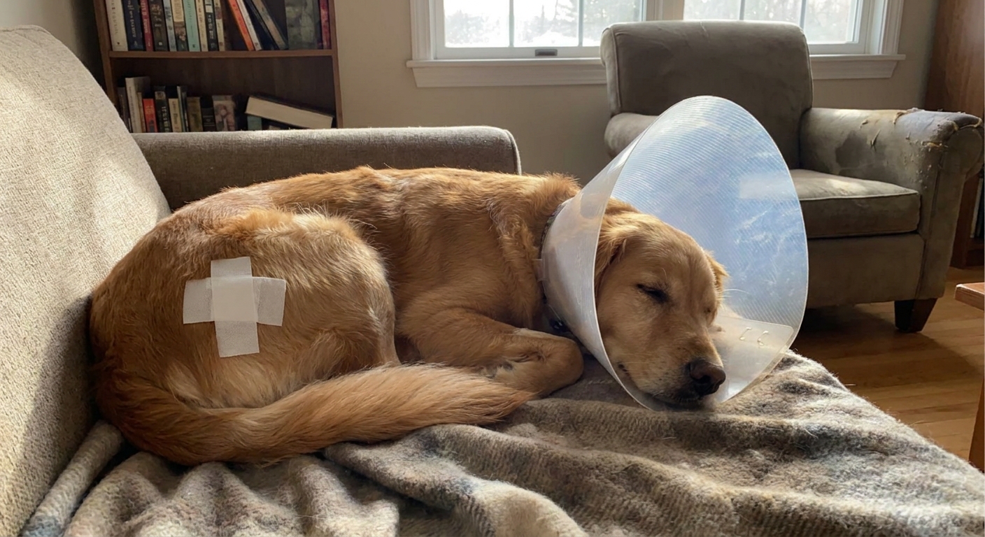 A medium-sized dog resting on a blanket at home wearing an e-collar, with a clean bandage on its side after a veterinary procedure