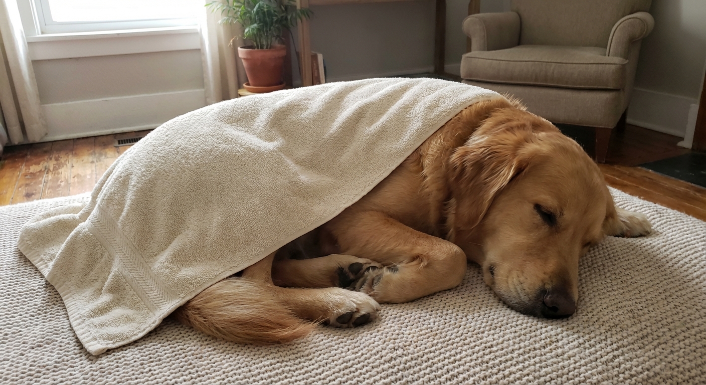 A medium-sized dog resting on a blanket with a towel draped gently over the body in a quiet room