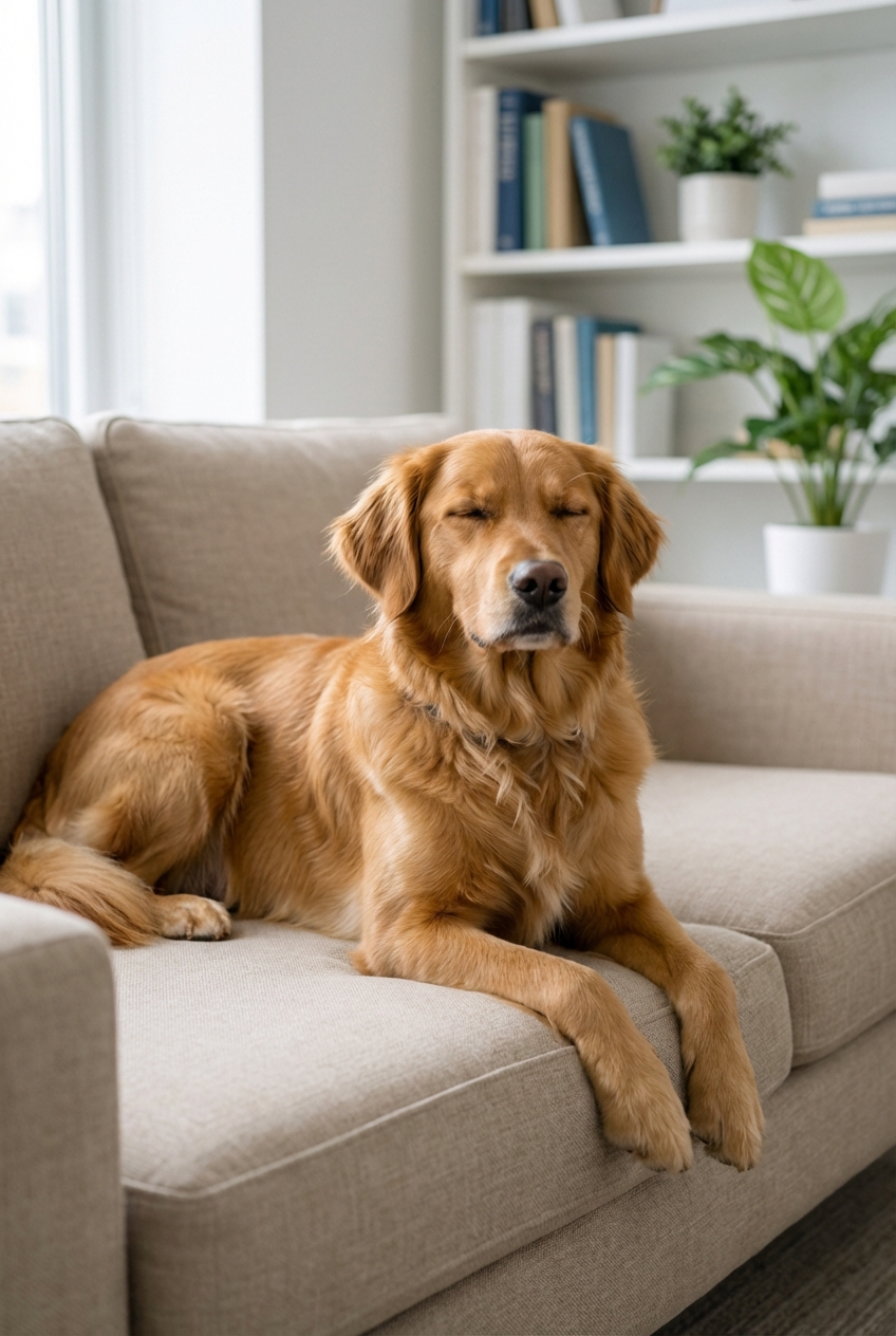 A medium-sized dog resting on a couch with its mouth closed while its chest movement is visible