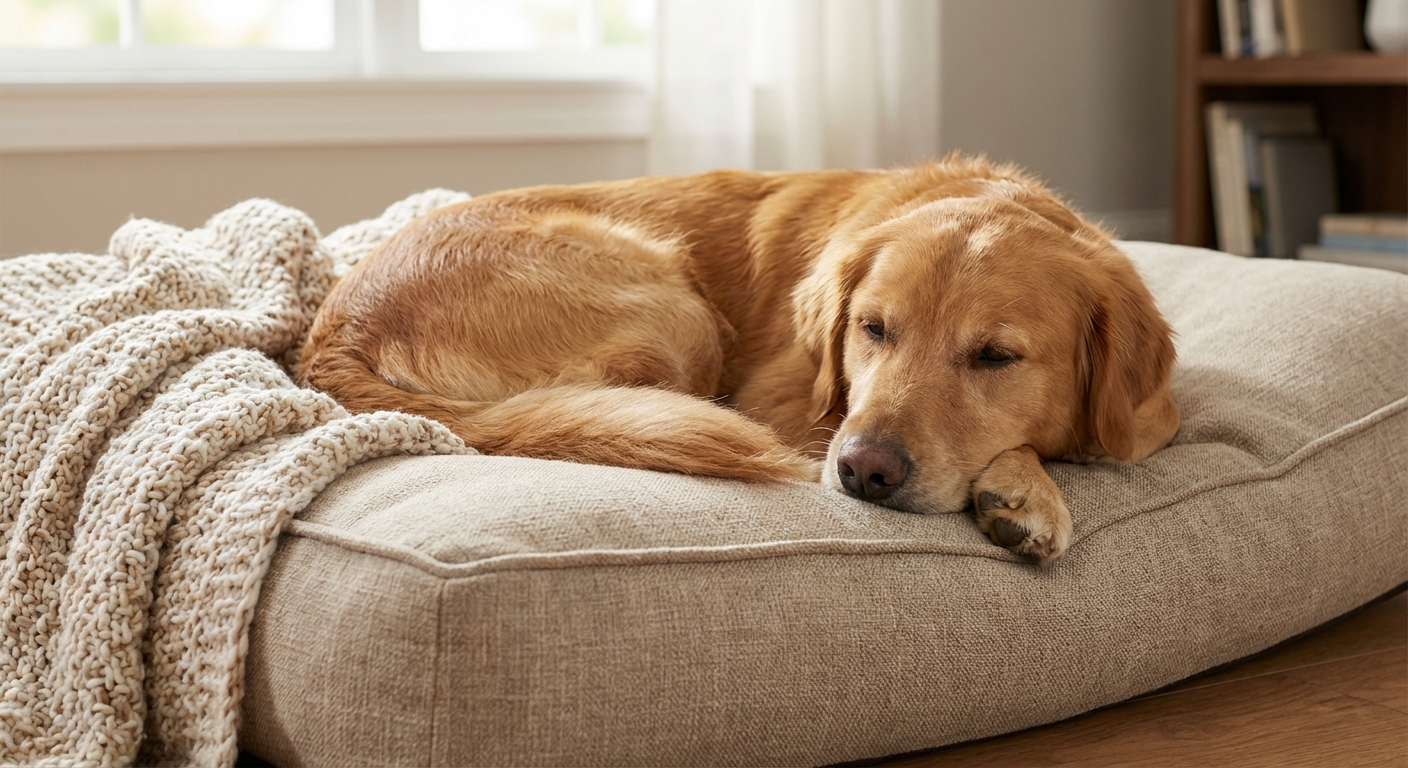 A medium-sized dog resting on a cushioned bed with a cozy throw blanket