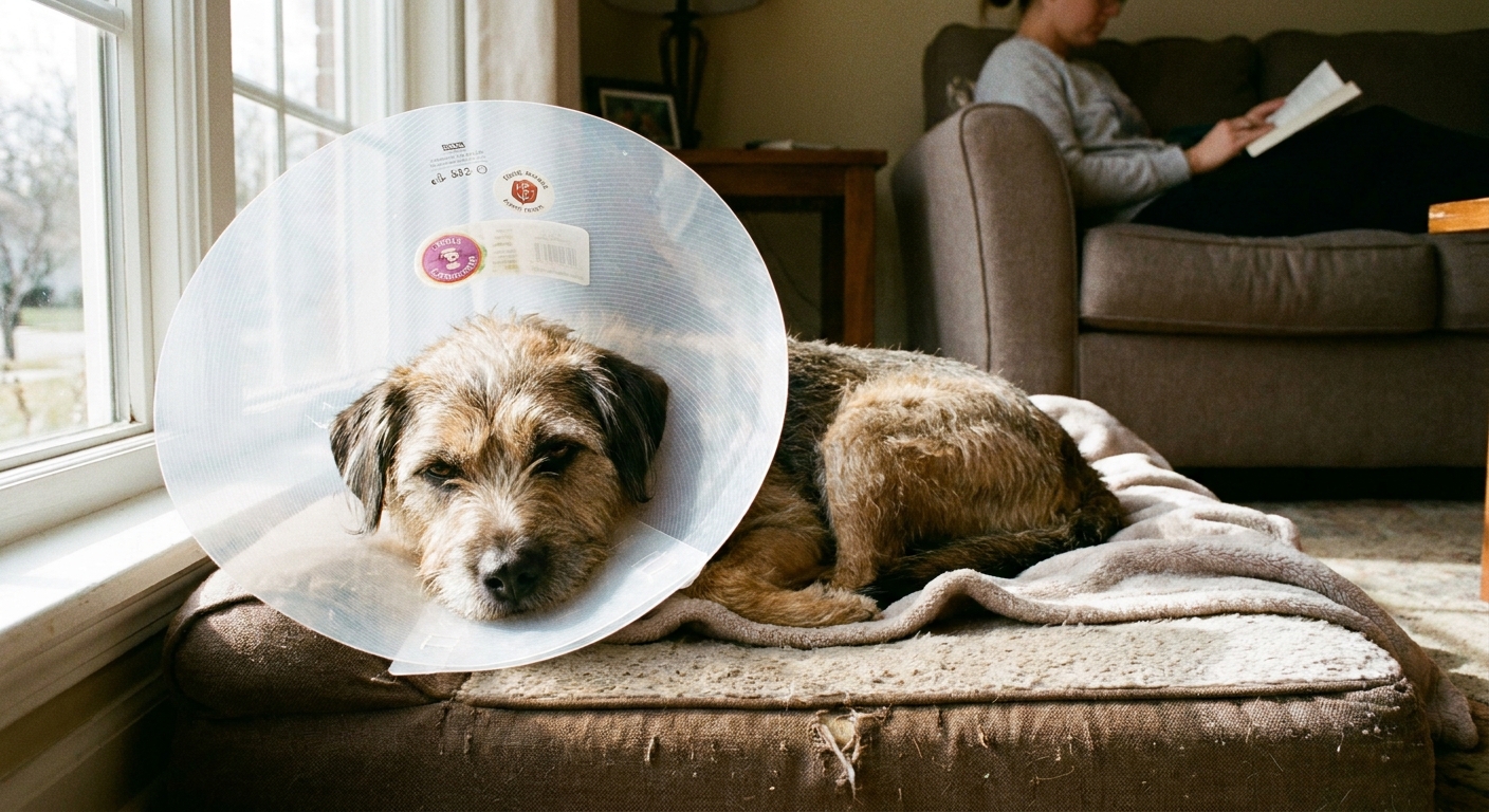 A medium-sized dog resting on a dog bed at home while wearing an Elizabethan collar after surgery, with a calm, sleepy expression