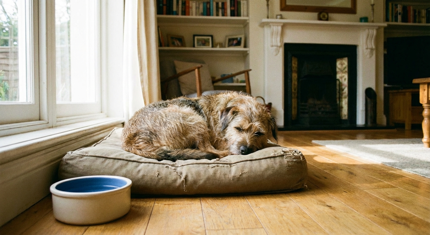 A medium-sized dog resting on a dog bed with a water bowl nearby