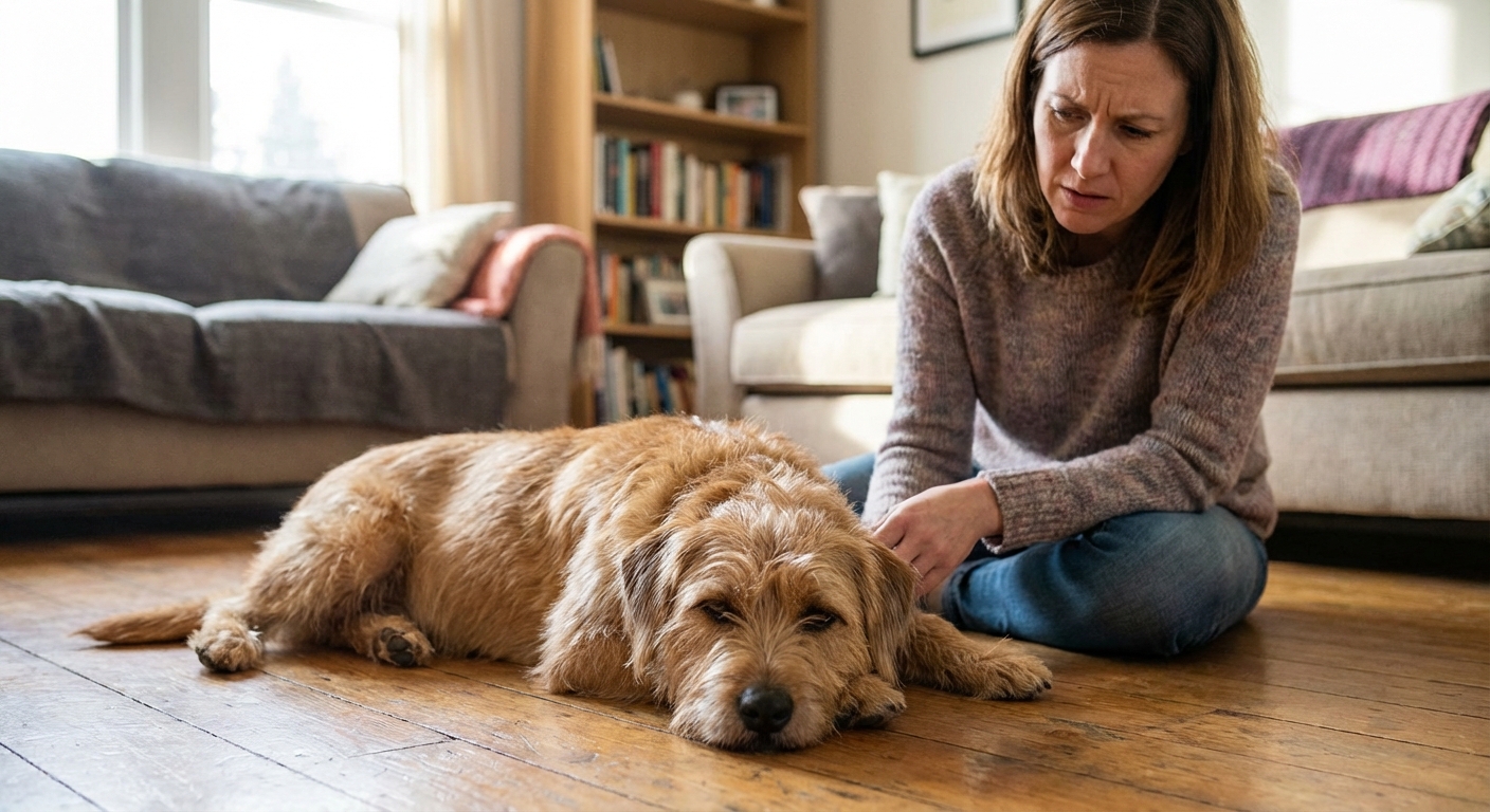 A medium-sized dog resting on a living room floor looking tired while a person sits nearby watching with concern