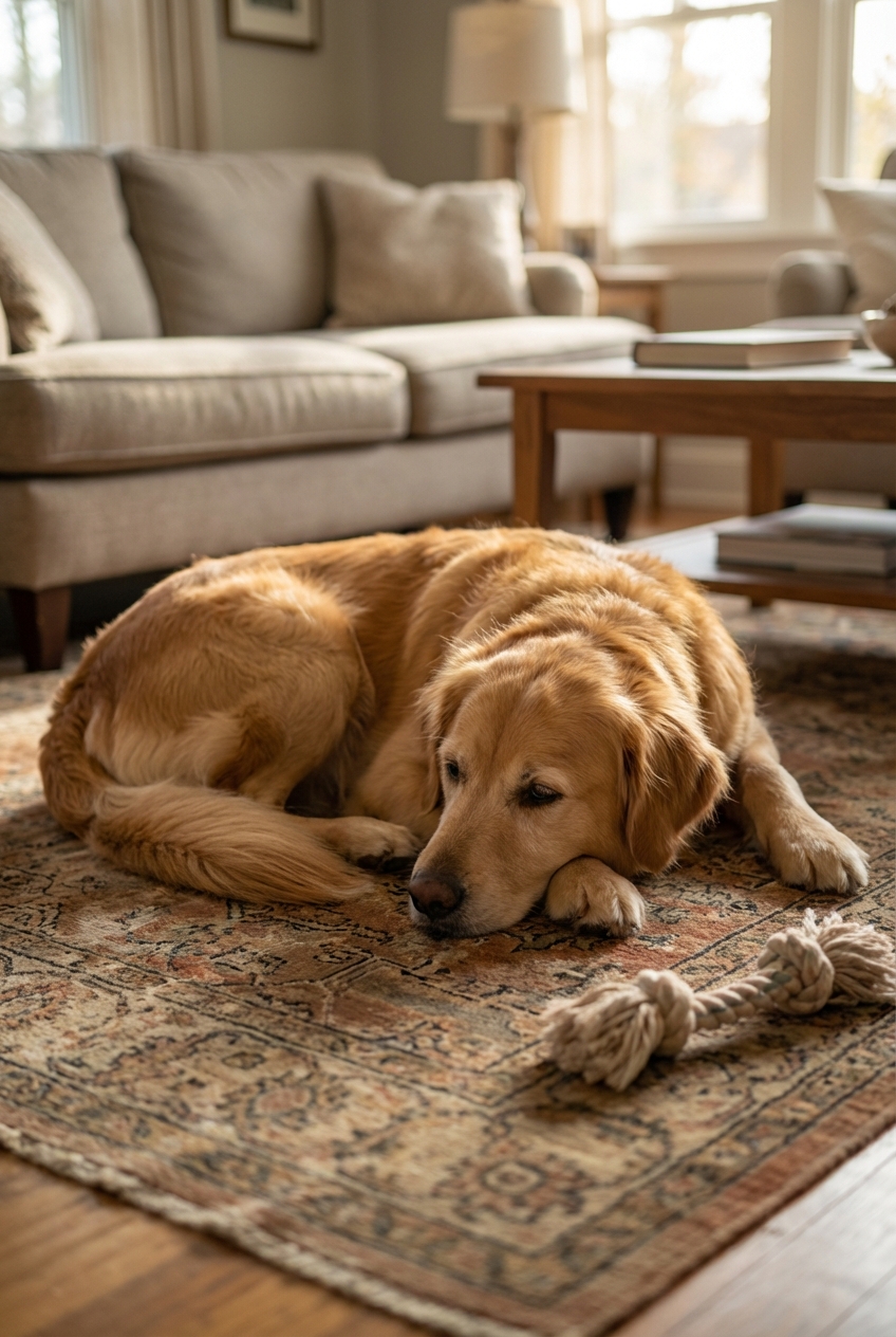 A medium-sized dog resting on a living room rug while looking tired and less interested in play