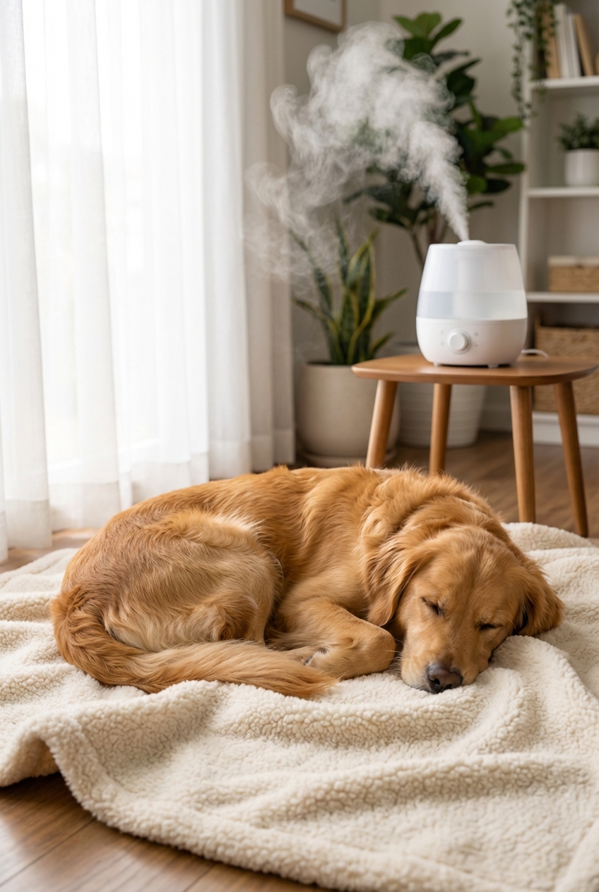 A medium-sized dog resting on a soft blanket near a window with a humidifier in the background
