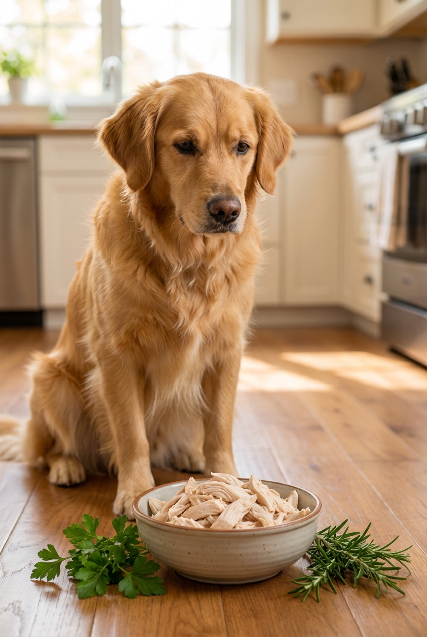 A medium-sized dog sitting beside a bowl of plain cooked chicken with a few fresh herbs nearby
