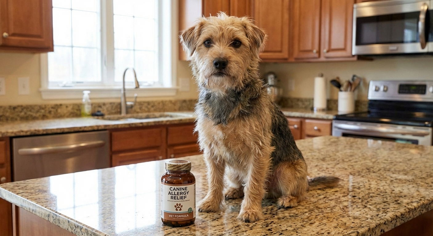 A medium-sized dog sitting calmly next to a bottle of allergy medication on a kitchen counter
