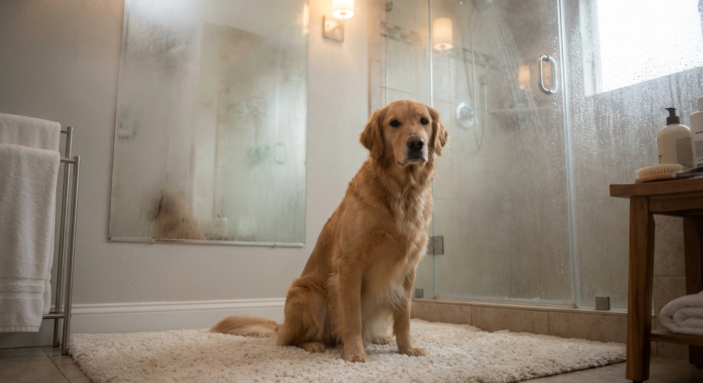 A medium-sized dog sitting calmly on a bathroom rug while steam lightly fogs the room from a running shower