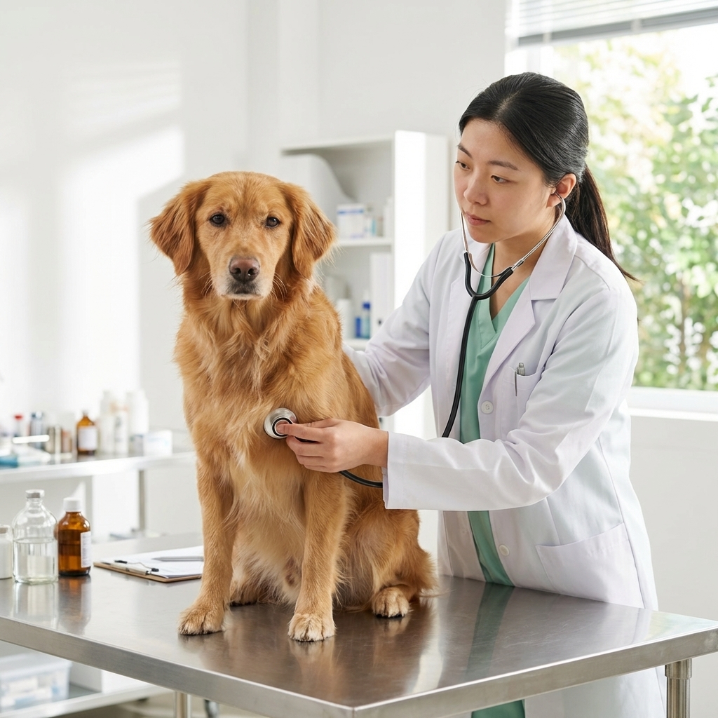 A medium-sized dog sitting calmly on a stainless steel exam table while a veterinarian listens to the dog’s chest with a stethoscope in a bright clinic room, photorealistic