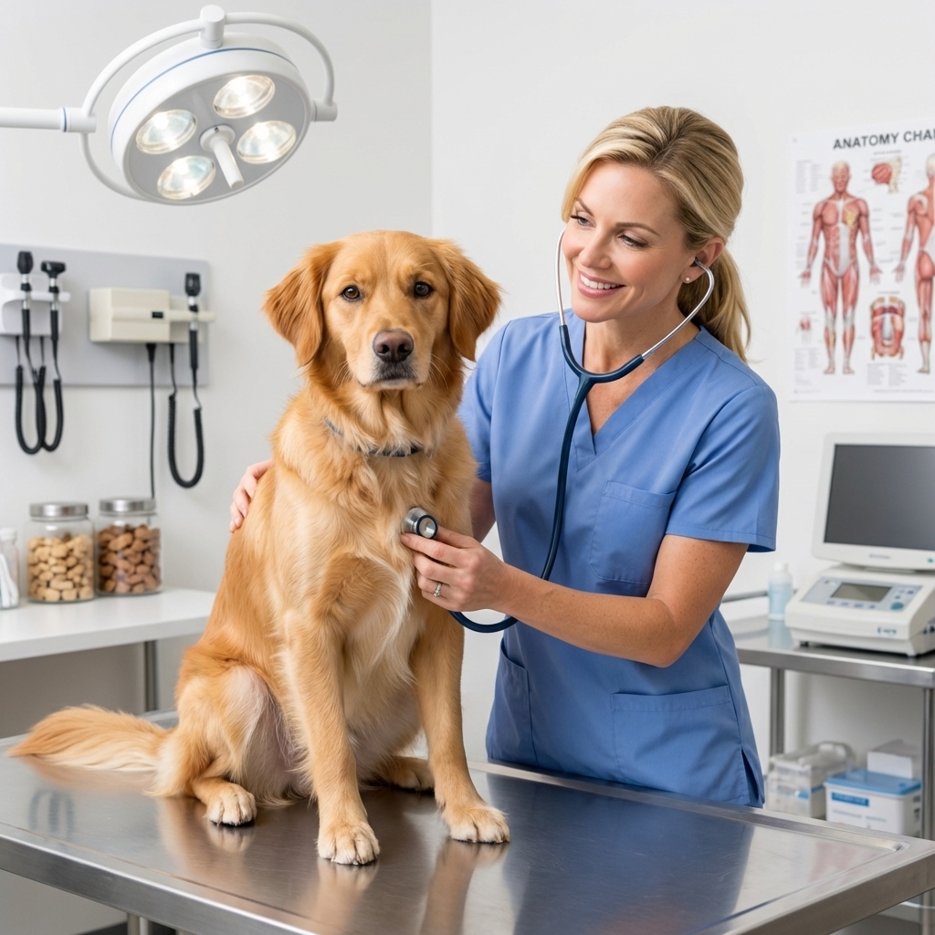 A medium-sized dog sitting calmly on an exam table in a veterinary clinic while a veterinarian in scrubs gently examines the dog, photorealistic clinical setting
