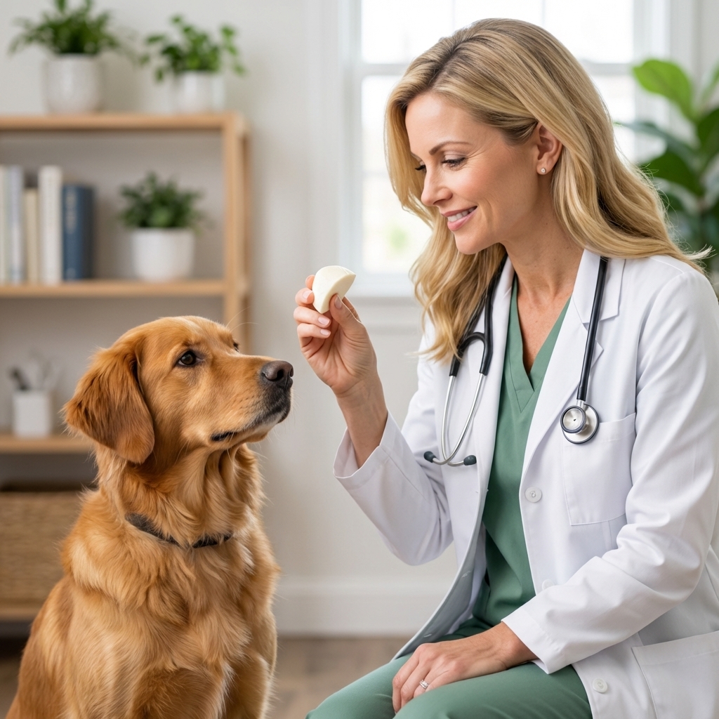 A medium-sized dog sitting calmly while a person holds a small piece of plain mozzarella near the dog