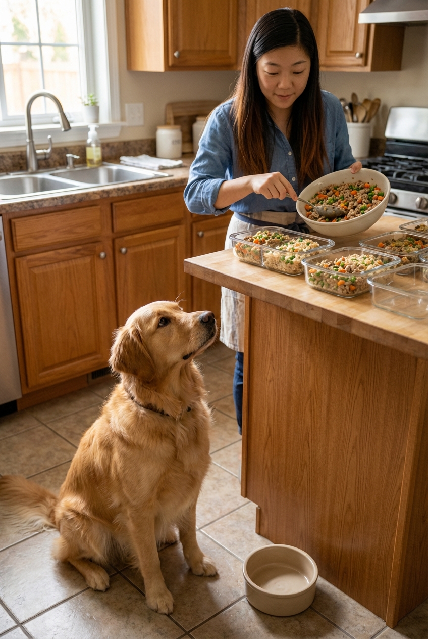 A medium-sized dog sitting in a kitchen watching a person portion homemade dog food into glass meal prep containers