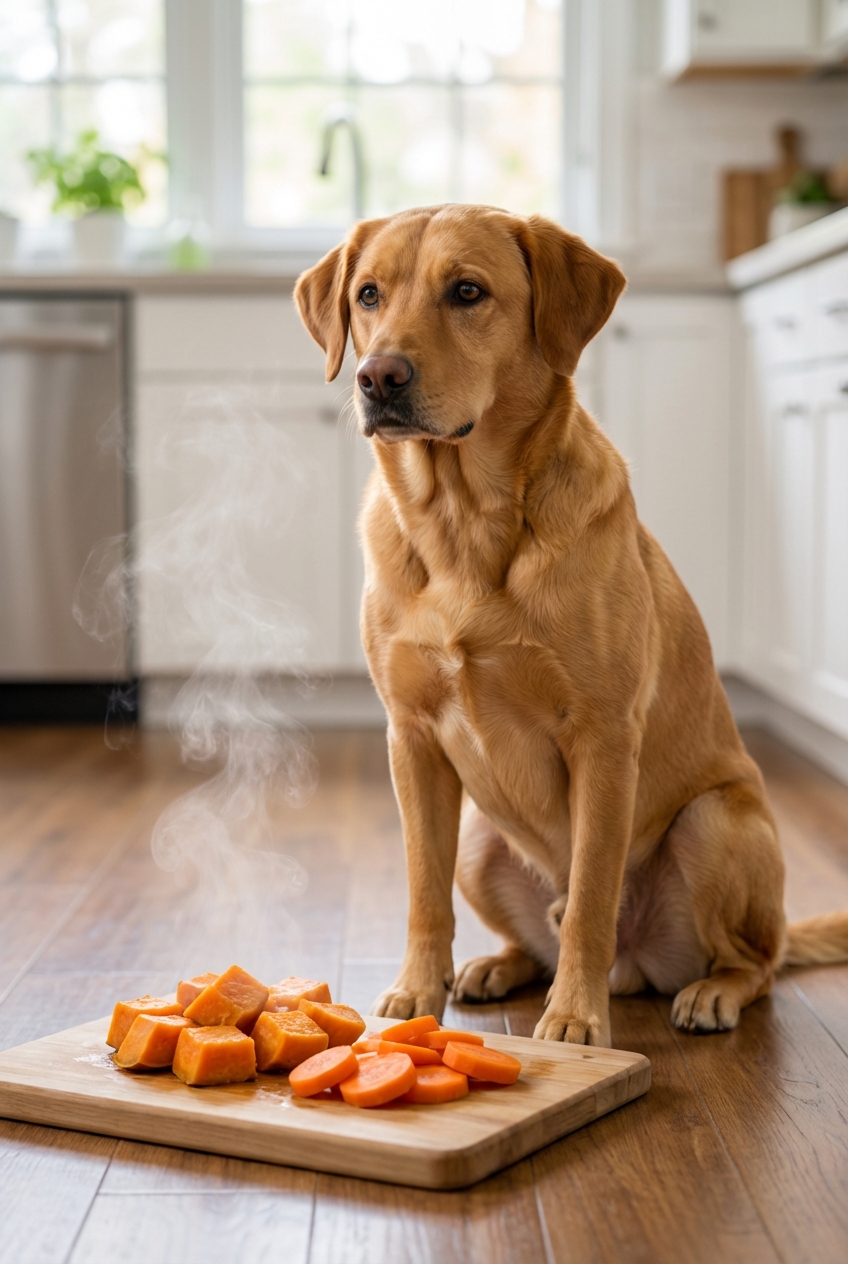 A medium-sized dog sitting near a cutting board with cooked sweet potato and sliced steamed carrots