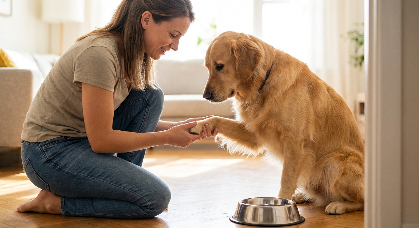 A medium-sized dog sitting next to a water bowl while an owner gently checks the dog’s paw