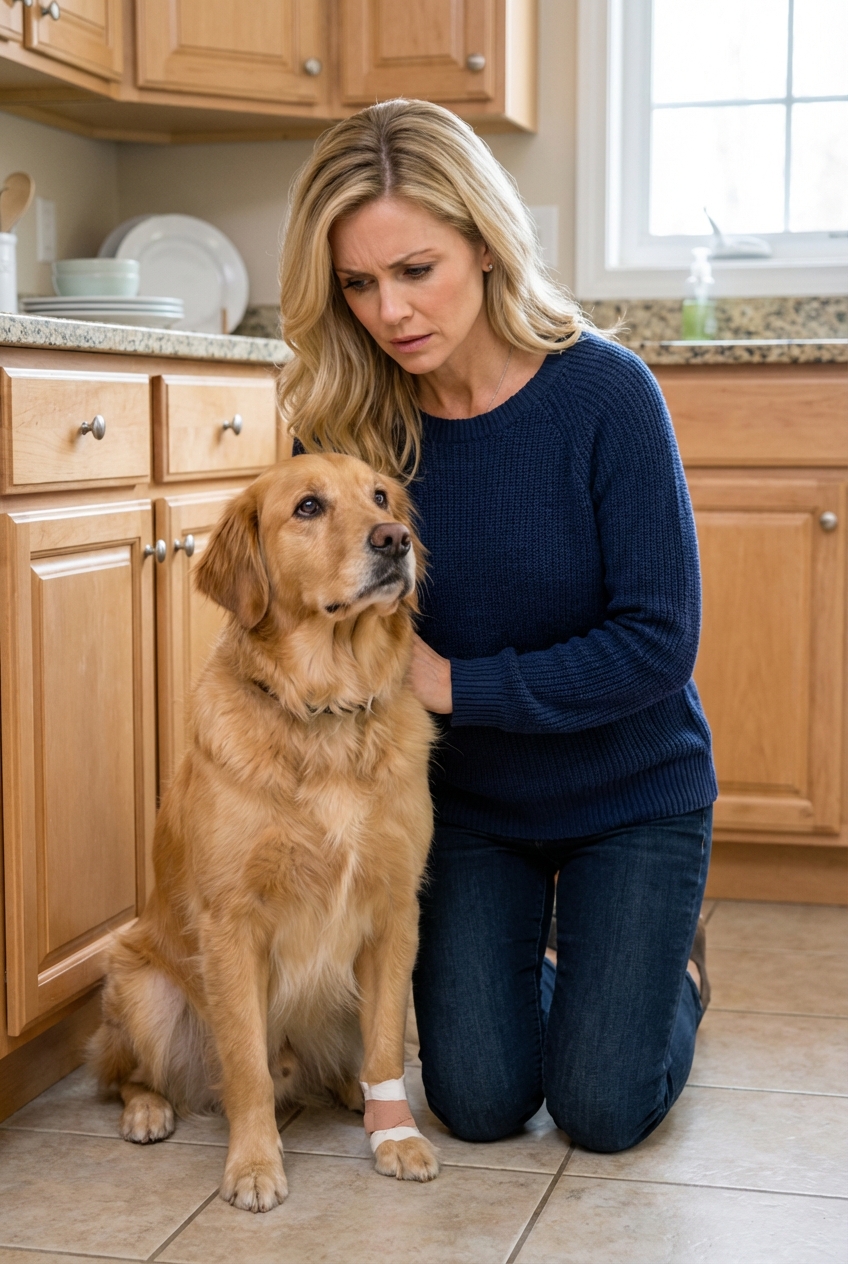 A medium-sized dog sitting on a kitchen floor while an owner kneels nearby looking concerned