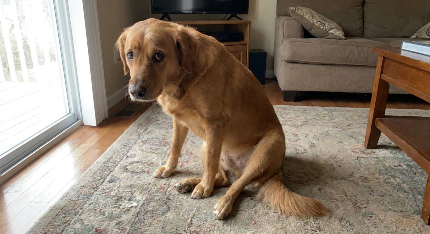A medium-sized dog sitting on a living room floor with a worried expression and its hind legs tucked awkwardly, suggesting weakness, natural indoor lighting