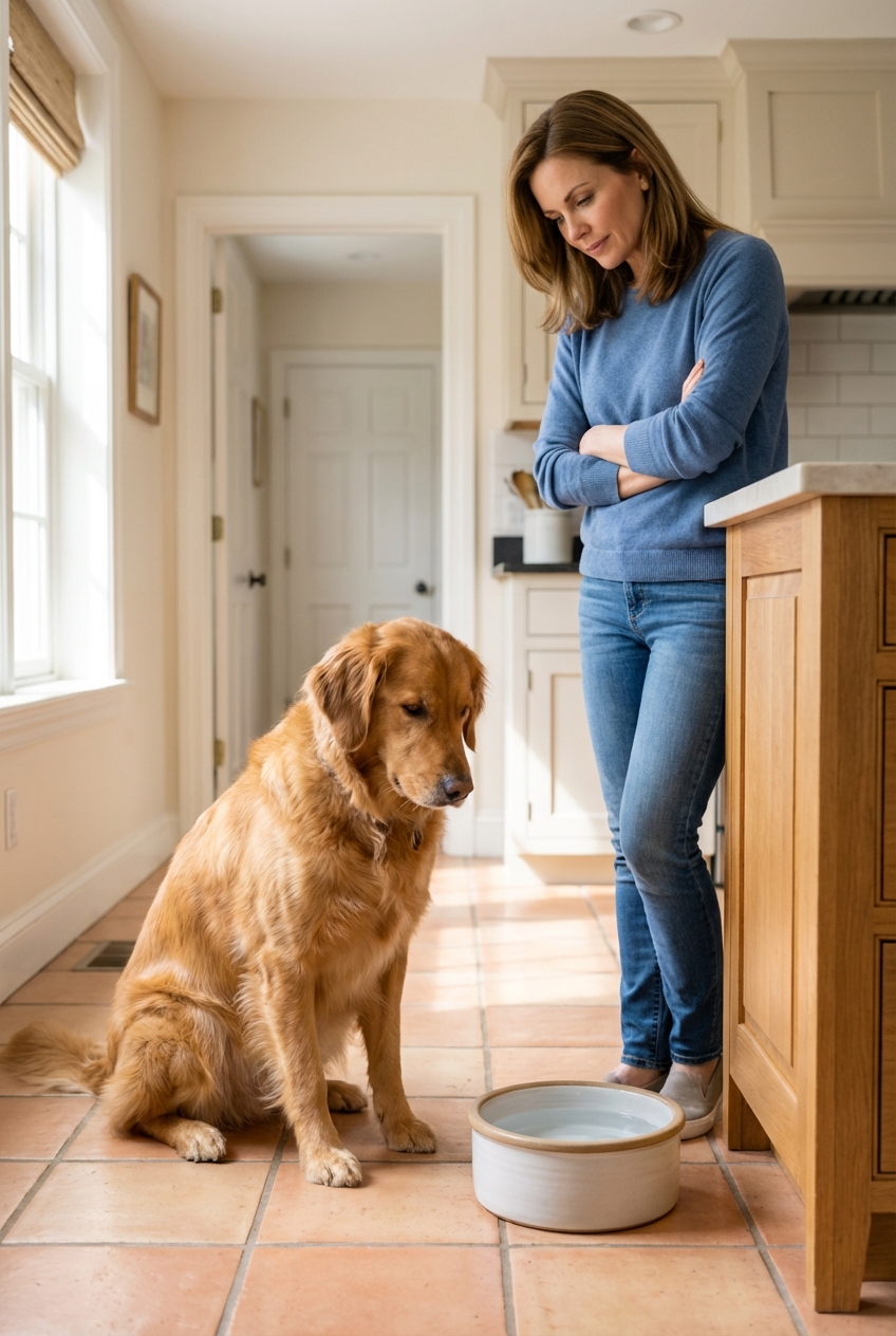 A medium-sized dog sitting on a tile floor near a water bowl while an owner observes carefully