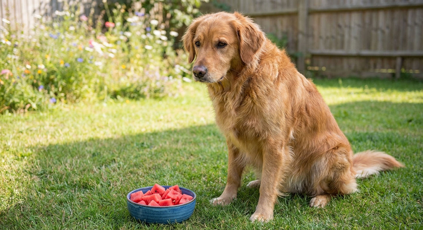 A medium-sized dog sitting on grass with a small bowl of seedless watermelon cubes nearby