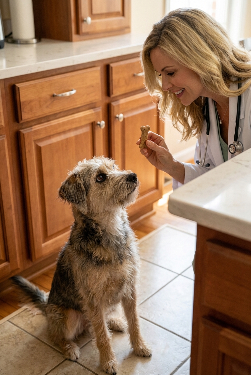 A medium-sized dog sitting politely in a kitchen while a person holds a dog treat