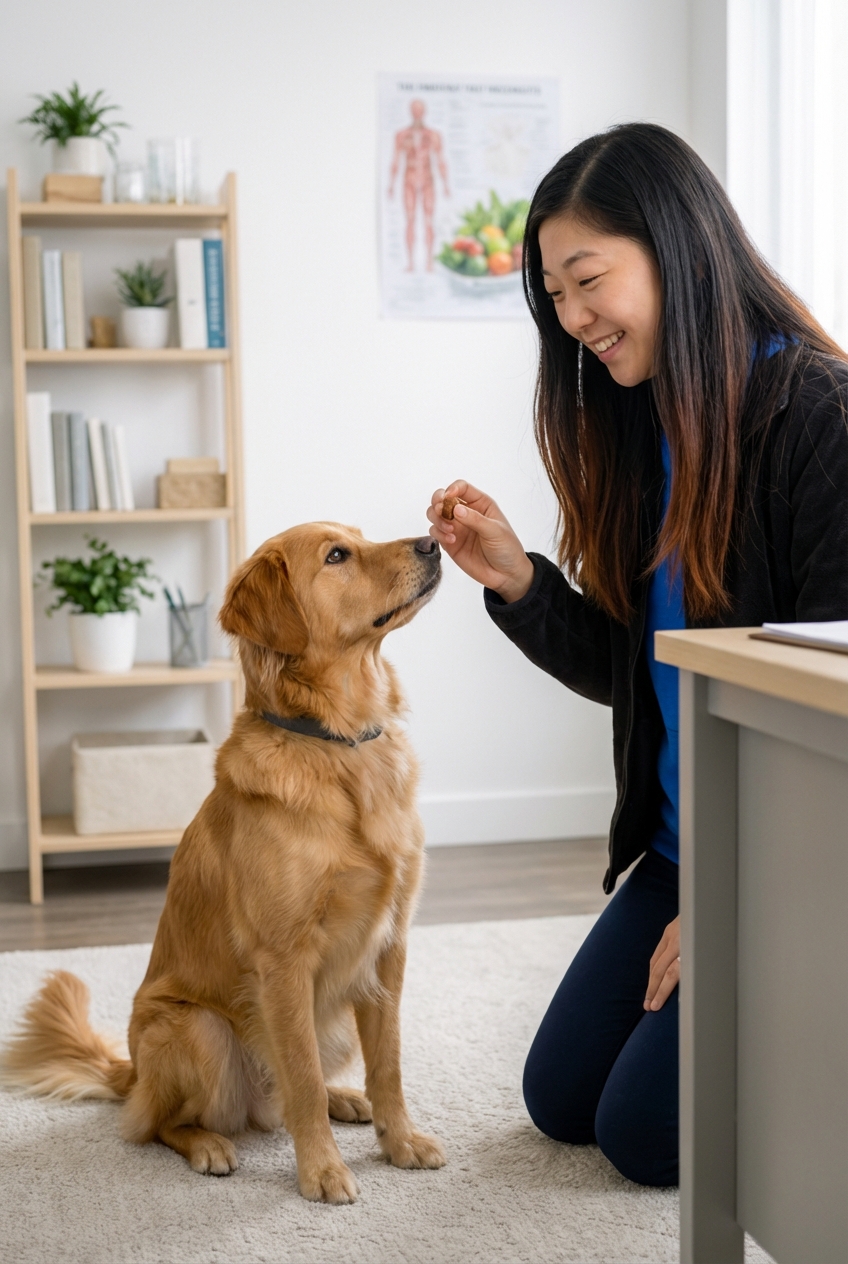A medium-sized dog sitting politely while a guest reaches down to offer a treat