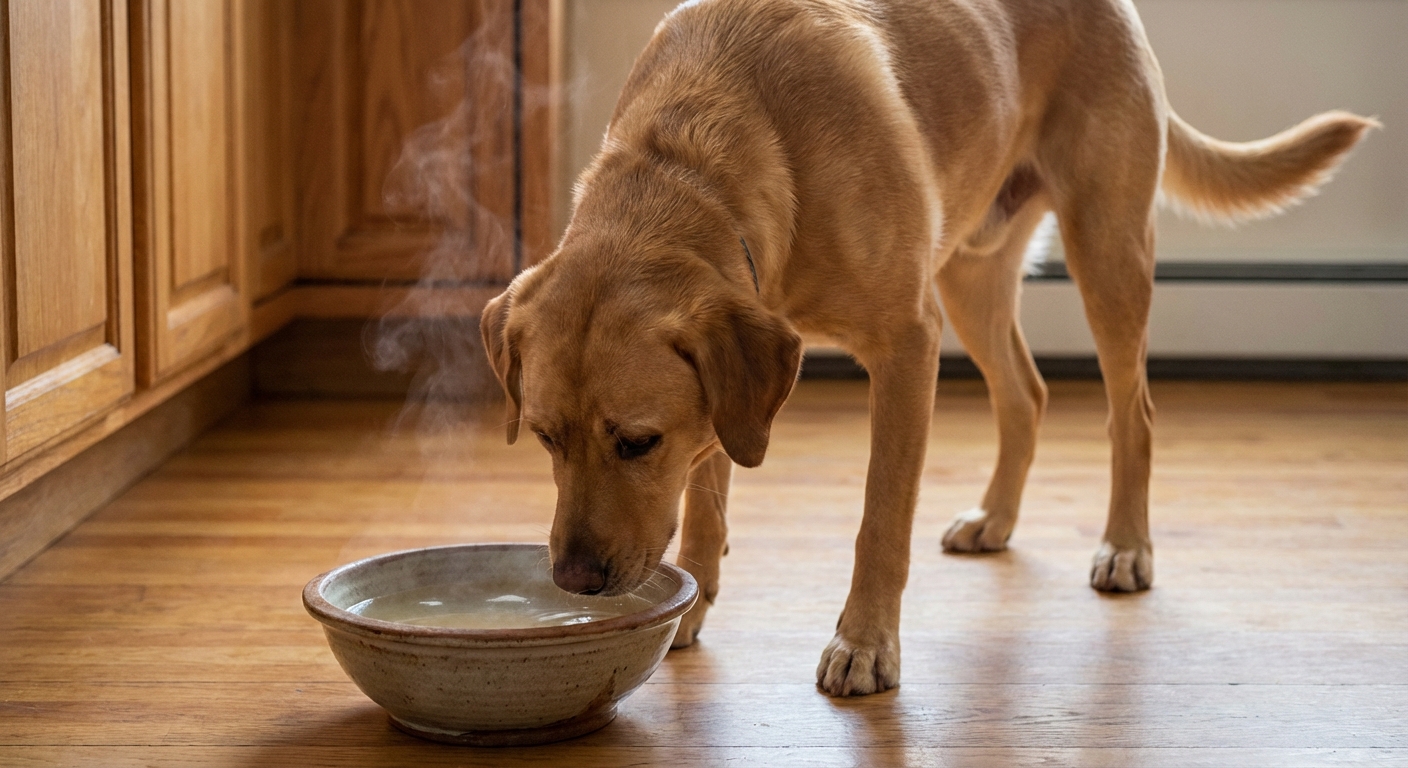 A medium-sized dog sniffing a ceramic bowl of clear broth on a kitchen floor