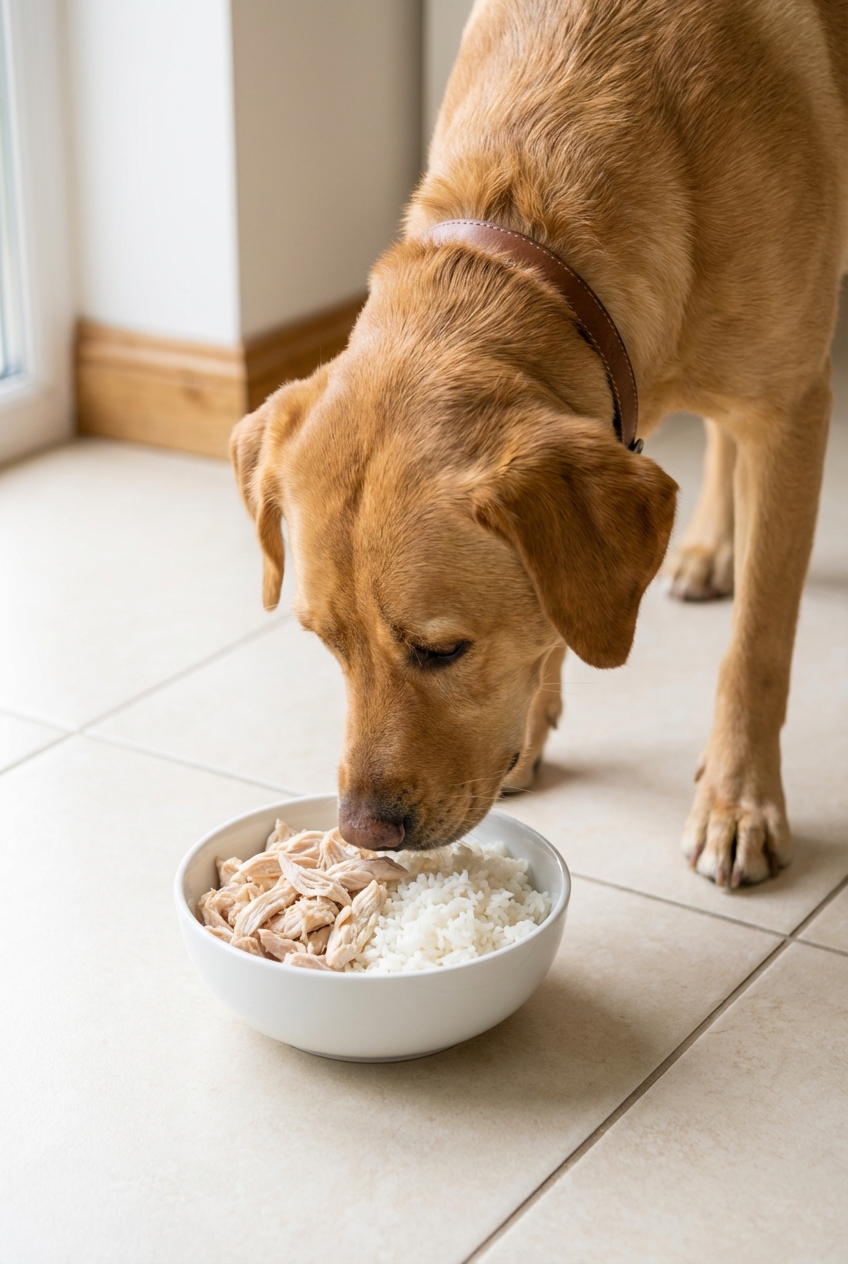 A medium-sized dog sniffing a small bowl of plain shredded chicken and white rice on a clean tile floor