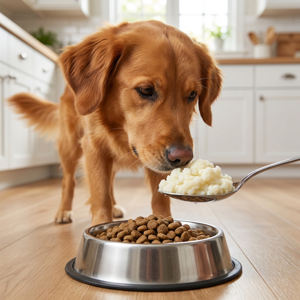 A medium-sized dog sniffing a spoonful of plain mashed cauliflower next to its food bowl